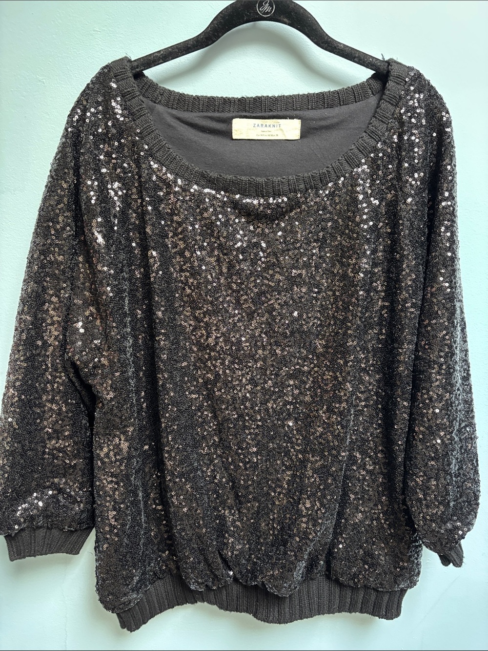 ZARA KNIT Black Sequin Scoop Neck Sweater Top Size Medium